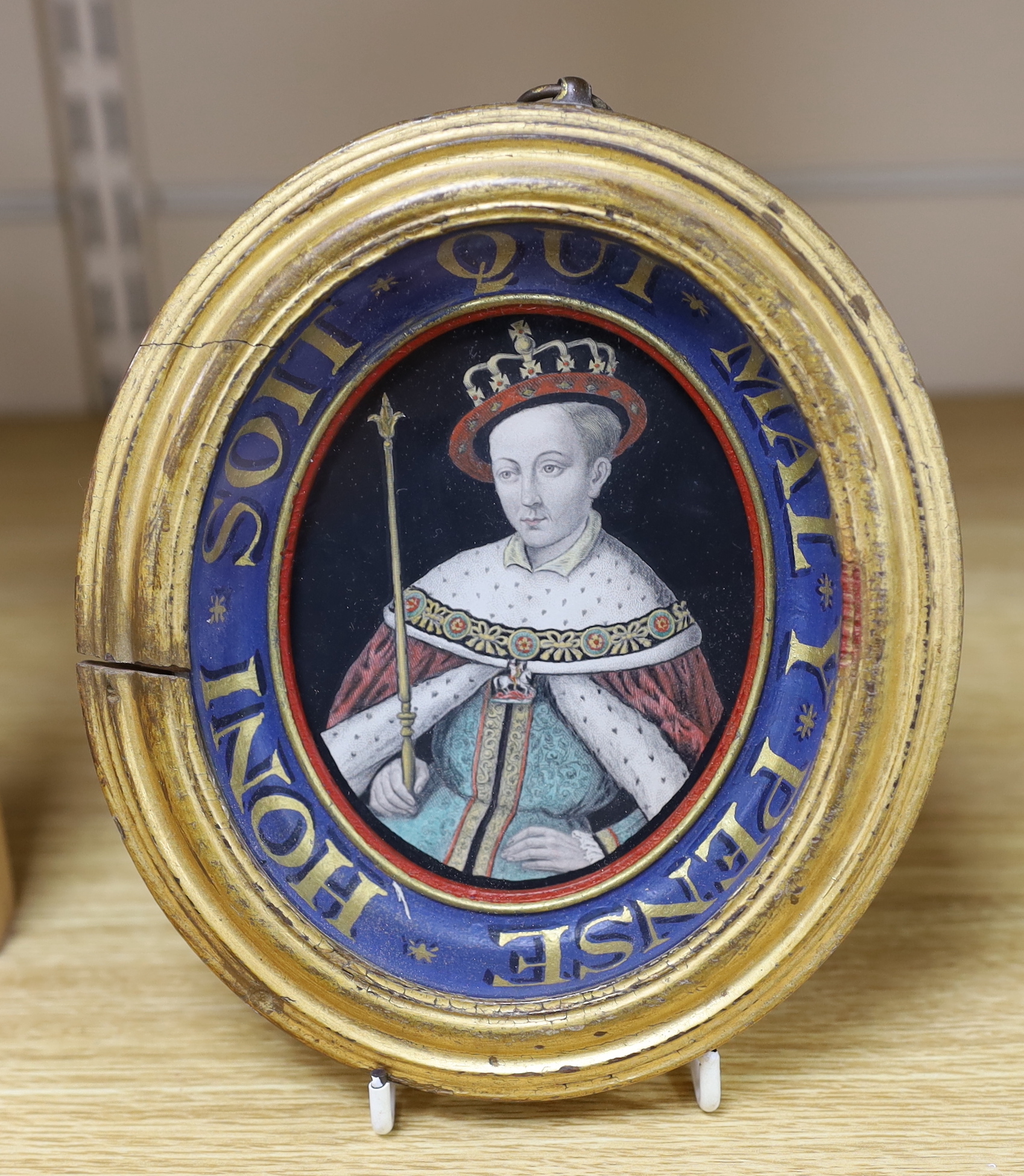 19th century hand coloured oval engraving, Portrait of Edward VI with inscribed gilt border, 11x 8cm